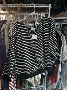 American Eagle Outfitters Black and White Striped Off-the-Shoulder Sweater